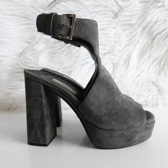 Prada Grey Suede Cutout Suede Peep Toe Platform Sandals - Picture 2 of 12